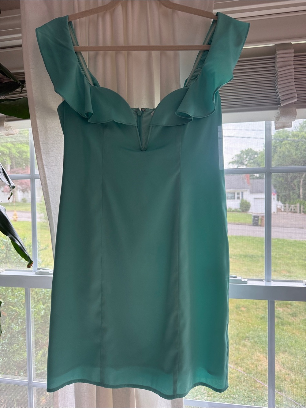 Lovers + Friends Aqua Mint Ruffle-Shoulder Mini Dress